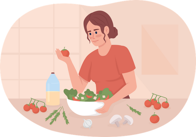 Fille faisant une salade avec des légumes frais  Illustration