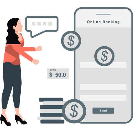 Fille effectuant une transaction bancaire en ligne  Illustration