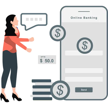 Fille effectuant une transaction bancaire en ligne  Illustration