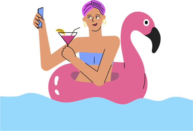 Une fille fait un selfie avec un cocktail dans la piscine  Illustration