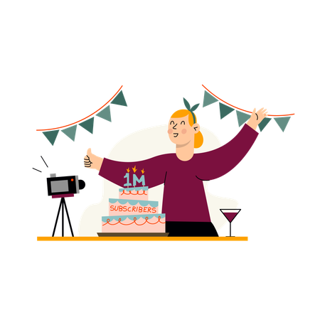 Fille faisant une fête avec un gâteau et des décorations  Illustration