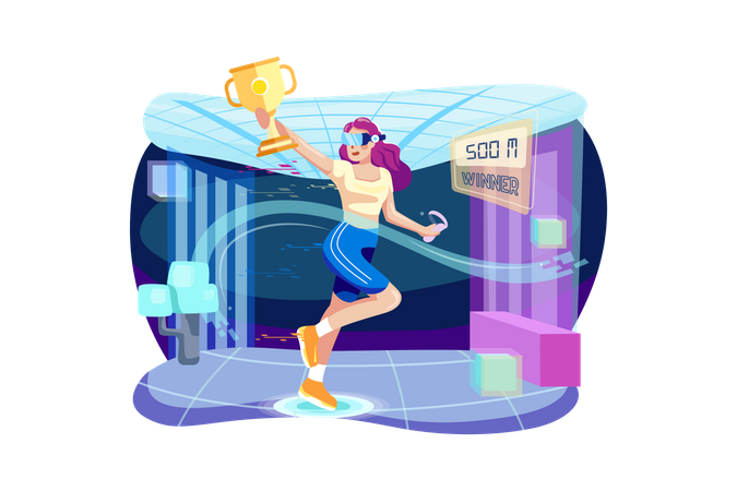 Fille gagnant une course à pied en portant un casque VR  Illustration