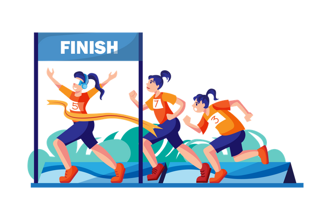 Fille gagnant une course à pied en portant un casque VR  Illustration
