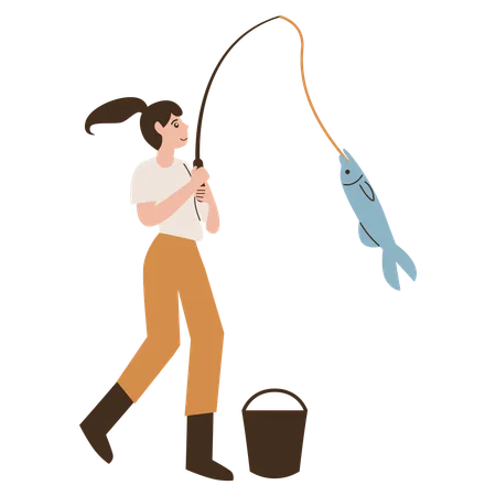 Fille frappe gros poisson  Illustration