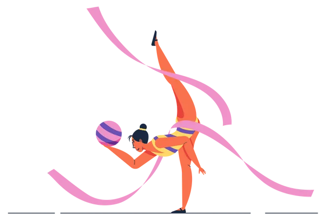 Gymnaste fille exécutant des éléments de gymnastique rythmique avec ballon et ruban  Illustration