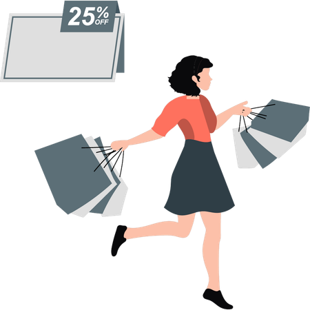 Fille heureuse après avoir fait du shopping à 50 % de réduction  Illustration