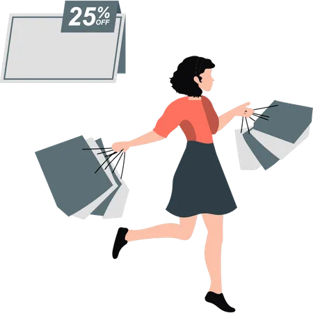 Fille heureuse après avoir fait du shopping à 50 % de réduction  Illustration