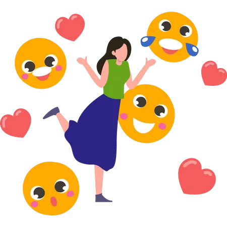 Fille heureuse avec des emojis  Illustration