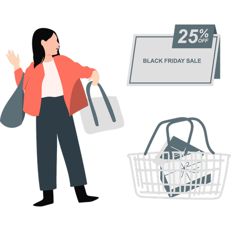 Fille heureuse avec un sac de shopping du Black Friday  Illustration