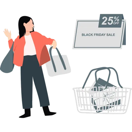 Fille heureuse avec un sac de shopping du Black Friday  Illustration