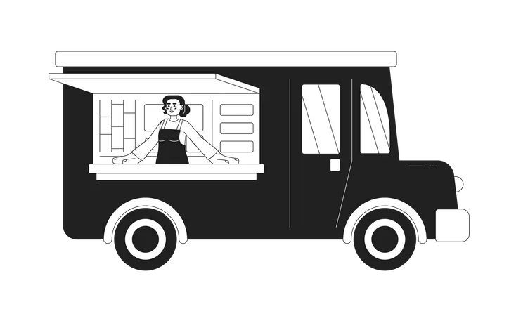 Fille heureuse dans un camion de nourriture  Illustration