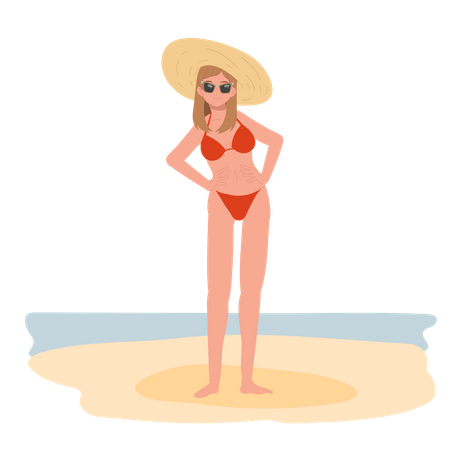 Fille heureuse en bikini et lunettes de soleil sur la plage  Illustration