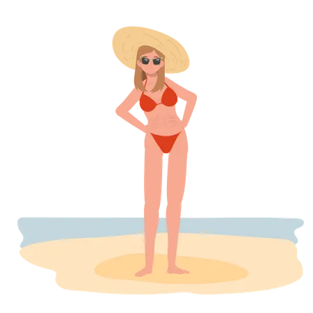 Fille heureuse en bikini et lunettes de soleil sur la plage  Illustration