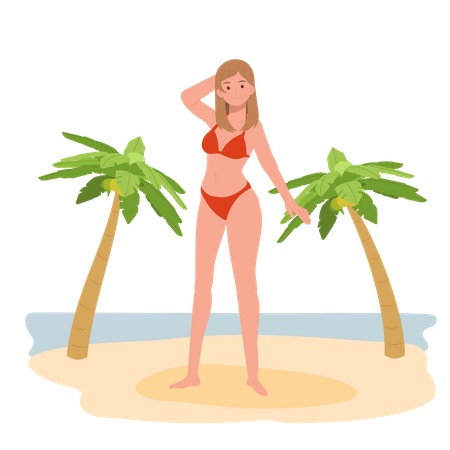 Fille heureuse en bikini sur la plage  Illustration