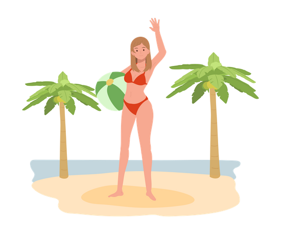 Happy Girl en bikini tenant un ballon de plage sur la plage  Illustration