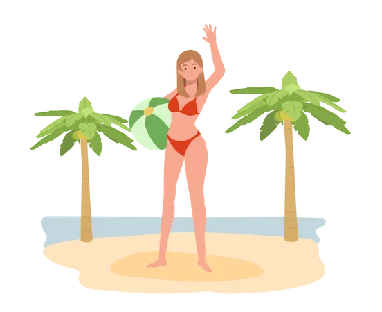 Happy Girl en bikini tenant un ballon de plage sur la plage  Illustration