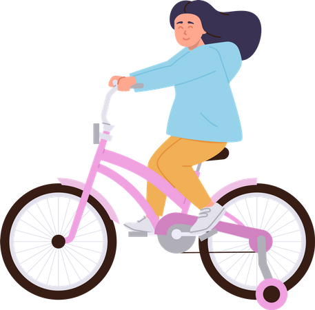 Heureuse petite fille dans des vêtements décontractés, faire du vélo  Illustration