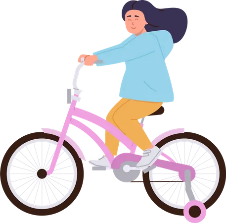 Heureuse petite fille dans des vêtements décontractés, faire du vélo  Illustration