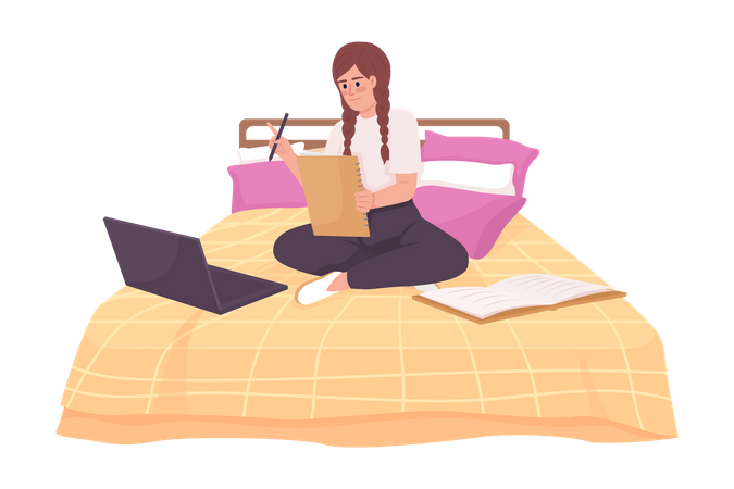 Fille heureuse faisant des devoirs à domicile avec un ordinateur portable au lit  Illustration