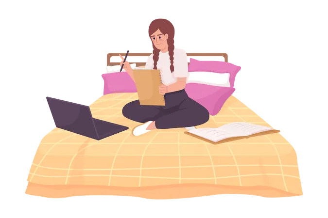 Fille heureuse faisant des devoirs à domicile avec un ordinateur portable au lit  Illustration