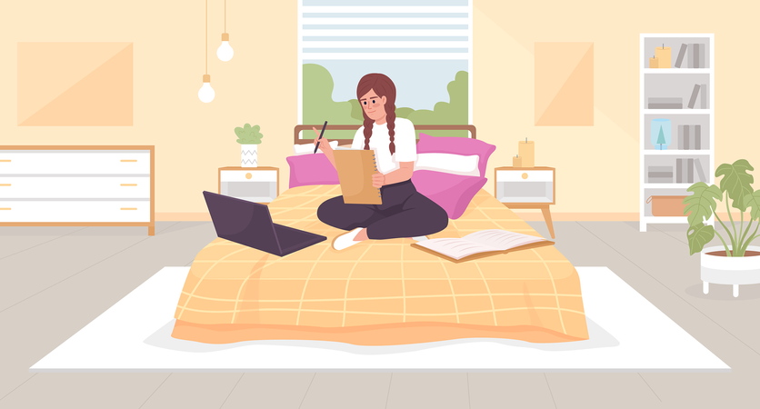 Fille heureuse faisant des devoirs à domicile avec un ordinateur portable au lit  Illustration