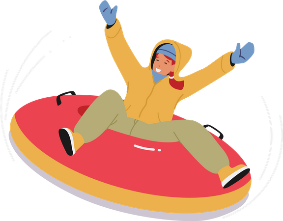 Fille heureuse glissant sur un tube à neige sur la pente de la montagne  Illustration