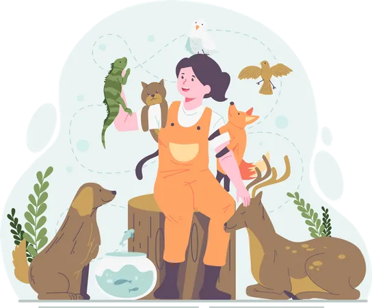 Fille heureuse jouant avec plusieurs animaux  Illustration