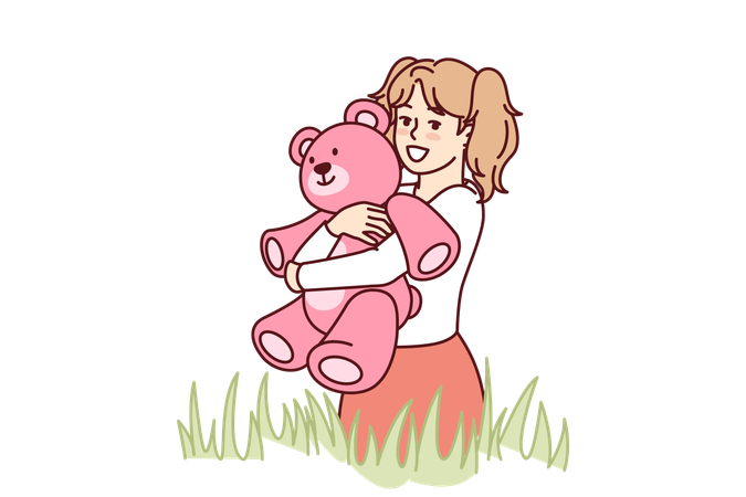 Une fille heureuse joue avec son ours en peluche  Illustration
