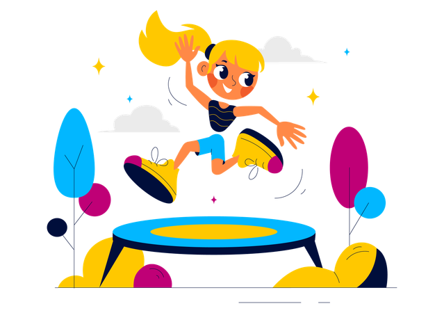 Fille heureuse, sauter sur le trampoline  Illustration