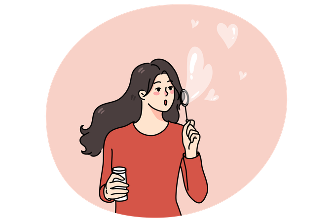 Une fille heureuse souffle des bulles de savon avec des cœurs  Illustration