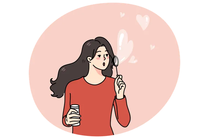 Une fille heureuse souffle des bulles de savon avec des cœurs  Illustration