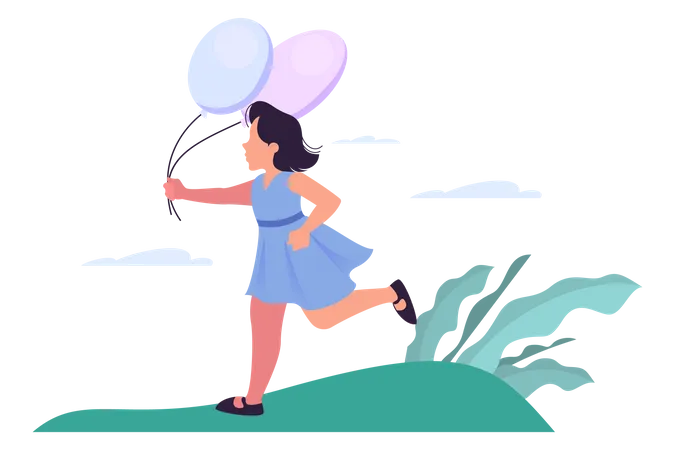 Fille heureuse tenant un ballon et courant dans le parc  Illustration