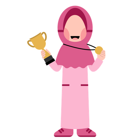 Fille hijab tenant la coupe du trophée et la médaille  Illustration
