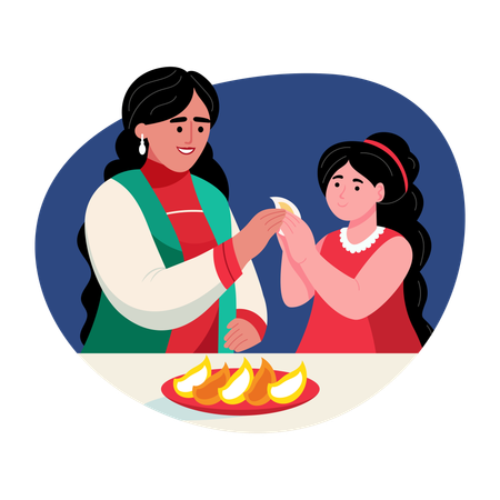 Fille indienne aidant sa mère  Illustration