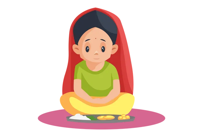 Fille indienne assise avec plat de dîner et priant  Illustration