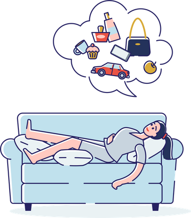 Fille sans sommeil allongée sur un canapé rêvant d'avenir  Illustration