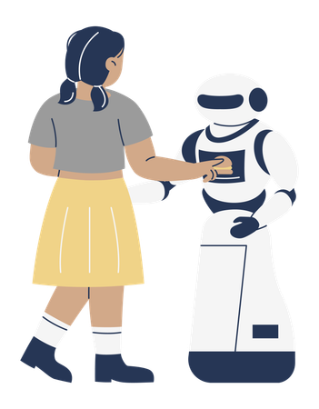 Fille interagissant avec un robot serveur  Illustration