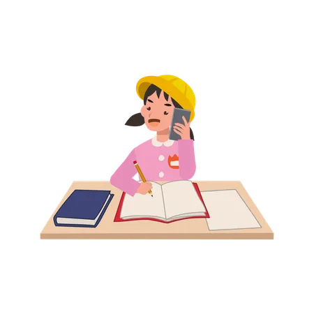 Une fille japonaise de maternelle fait plusieurs choses à la fois avec son téléphone et ses devoirs au bureau de l'école  Illustration