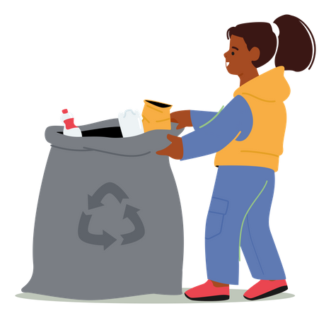 Une fille jette des déchets dans un sac  Illustration
