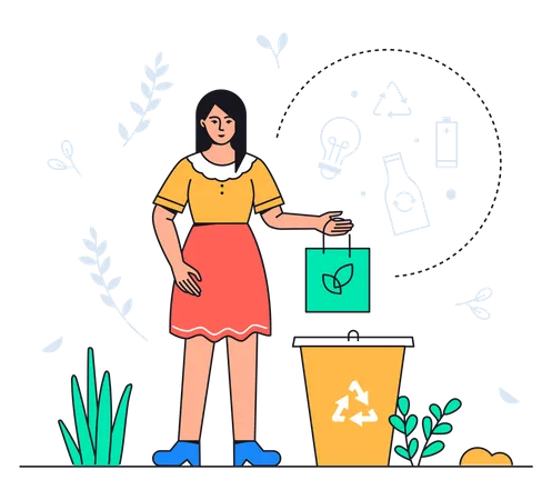 Une fille jette des déchets recyclés dans la corbeille  Illustration