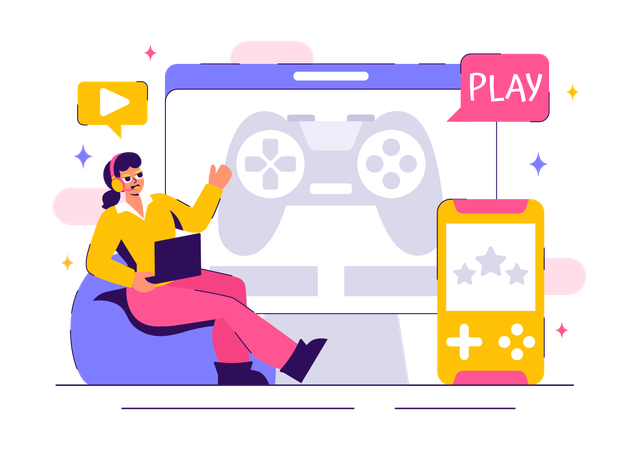 Fille jouant à des jeux vidéo en ligne  Illustration