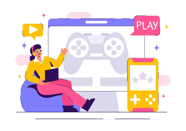 Fille jouant à des jeux vidéo en ligne  Illustration
