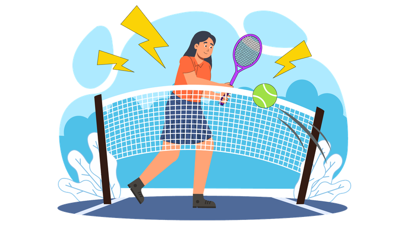 Fille jouant au tennis sur un court de tennis  Illustration