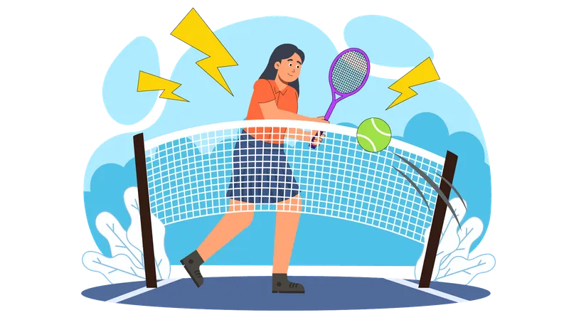 Fille jouant au tennis sur un court de tennis  Illustration