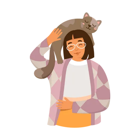 Fille jouant avec un chat  Illustration