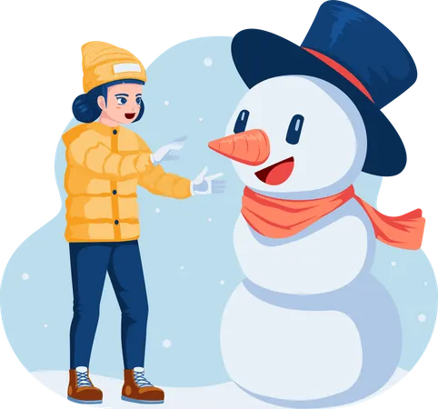 Fille jouant avec un bonhomme de neige à Noël  Illustration