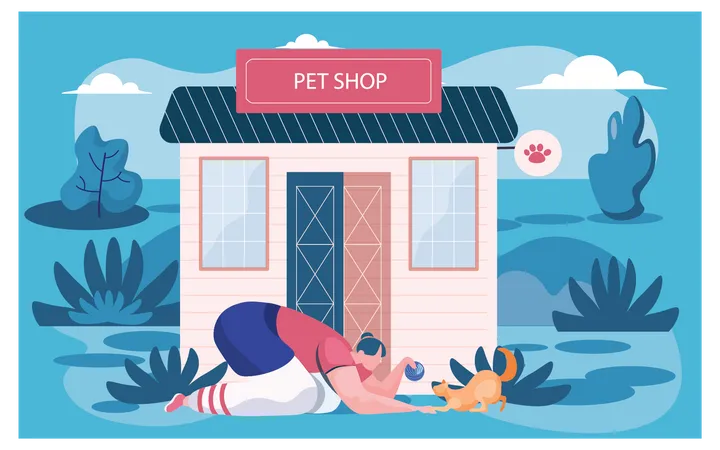 Fille jouant avec un chat à l'animalerie  Illustration