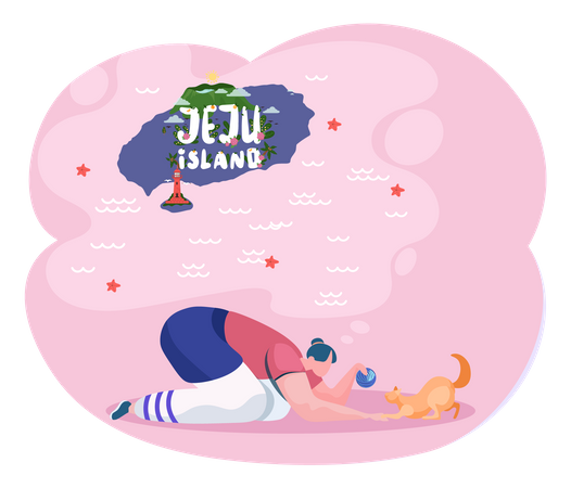 Fille jouant avec un chat sur l'île de Jeju  Illustration