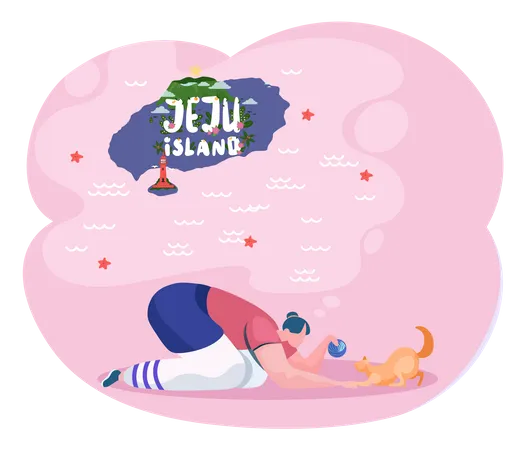 Fille jouant avec un chat sur l'île de Jeju  Illustration