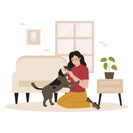 Fille jouant avec un chien de compagnie  Illustration